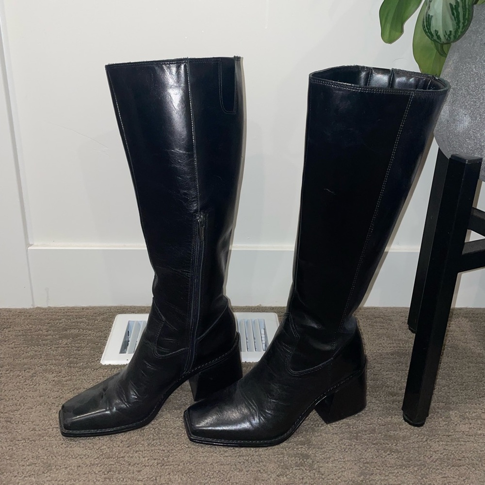 Square toe knee high block heel boots